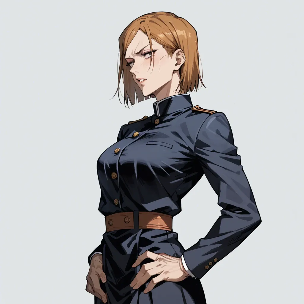 1girl, (Character nobara Kugisaki from jujutsu kaisen), (perfect face: 1,1),(beautiful eyes), in black uniform, standing, hands on waist, front view, side view