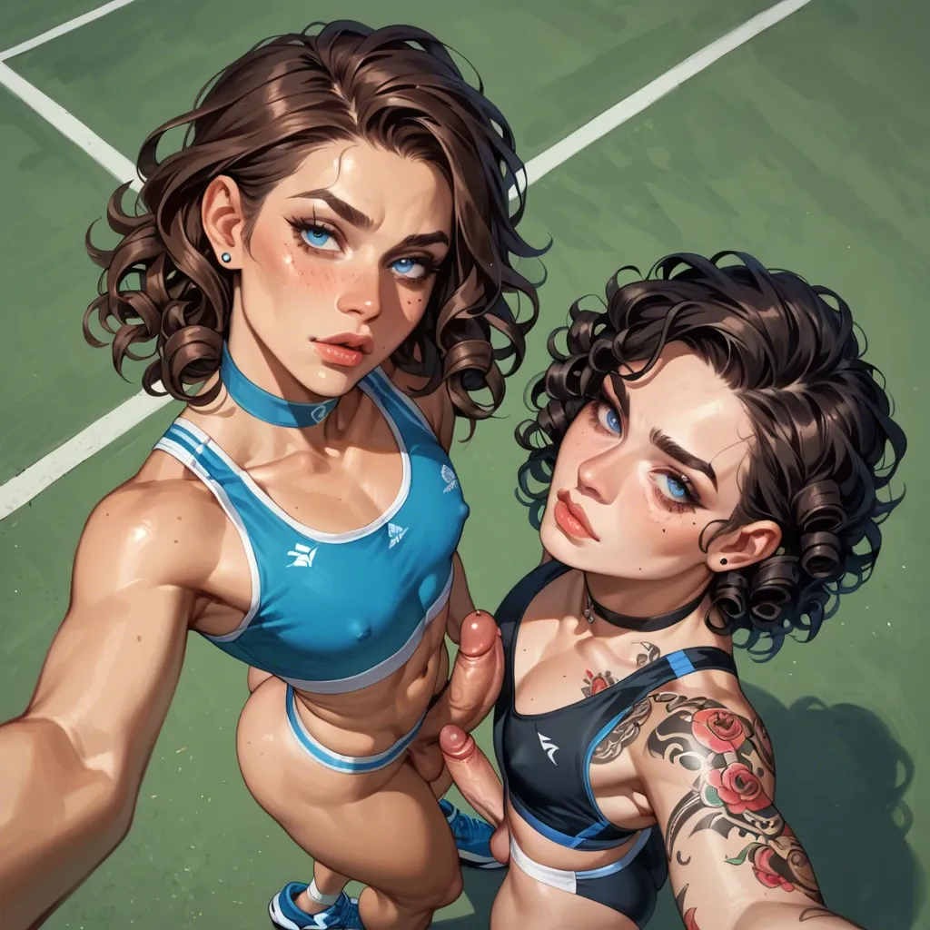 2femboy, , ,collaborative, freckled face,selfie, high-angle view,hand on ass,penises, FUTA,very slim waist,flat chest,tattoos, pretty boy, tight curls,brunette,blue eyes, choker, tennis uniform,