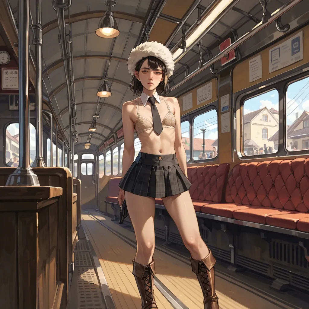 1girl,solo, , , , arching,elegant,flat chest,microwaist,necktie, mini skirt,fishnet,fur hat,beige bra,brown boots, bedroom, crowded train, tavern, facing camera, 2b