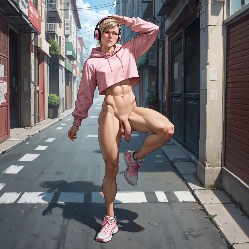 Cassie Cage, femboy,flat chest, muscular,  ,street,one leg up , saggy balls,  pink hoodie, headphones, sneakers,  flaccid, foreskin