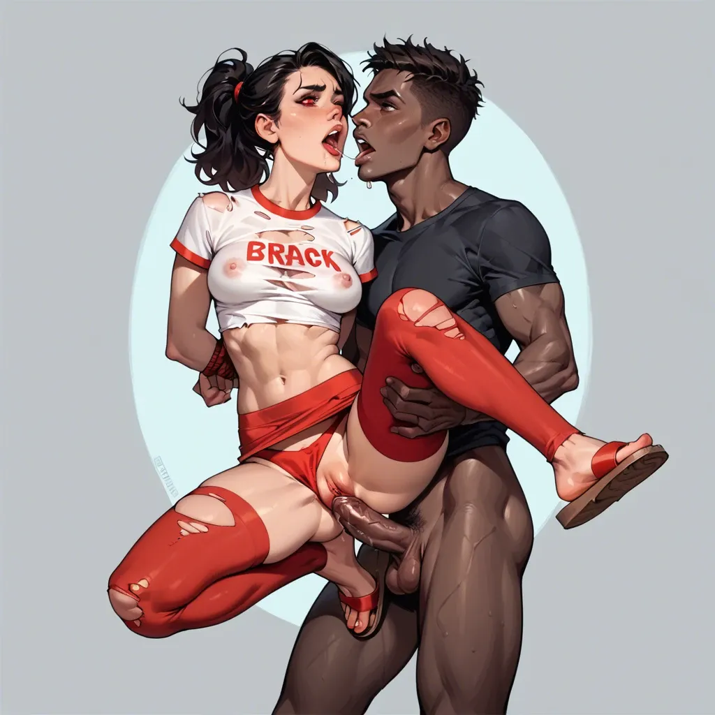 1girl,1boy, , , , balls on nose,red eyes soles,perky boobs,microwaist,black skin, t-shirt,red thighhighs,arms tied,panties visible,strappy sandals, saliva on shirt,torn thighhighs,circle glasses,cotton panties,knee boots, beach, medieval dress, zelda, elsa hair