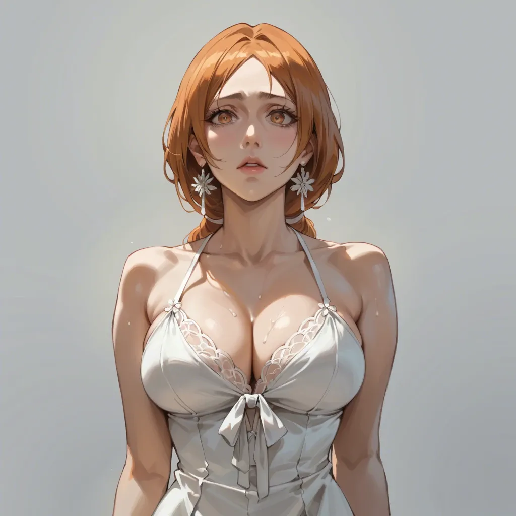 1girl, (Character orihime inoue from bleach), (perfect face: 1,2),(beautiful eyes: 1,1), in white dress, standing, front view, side view