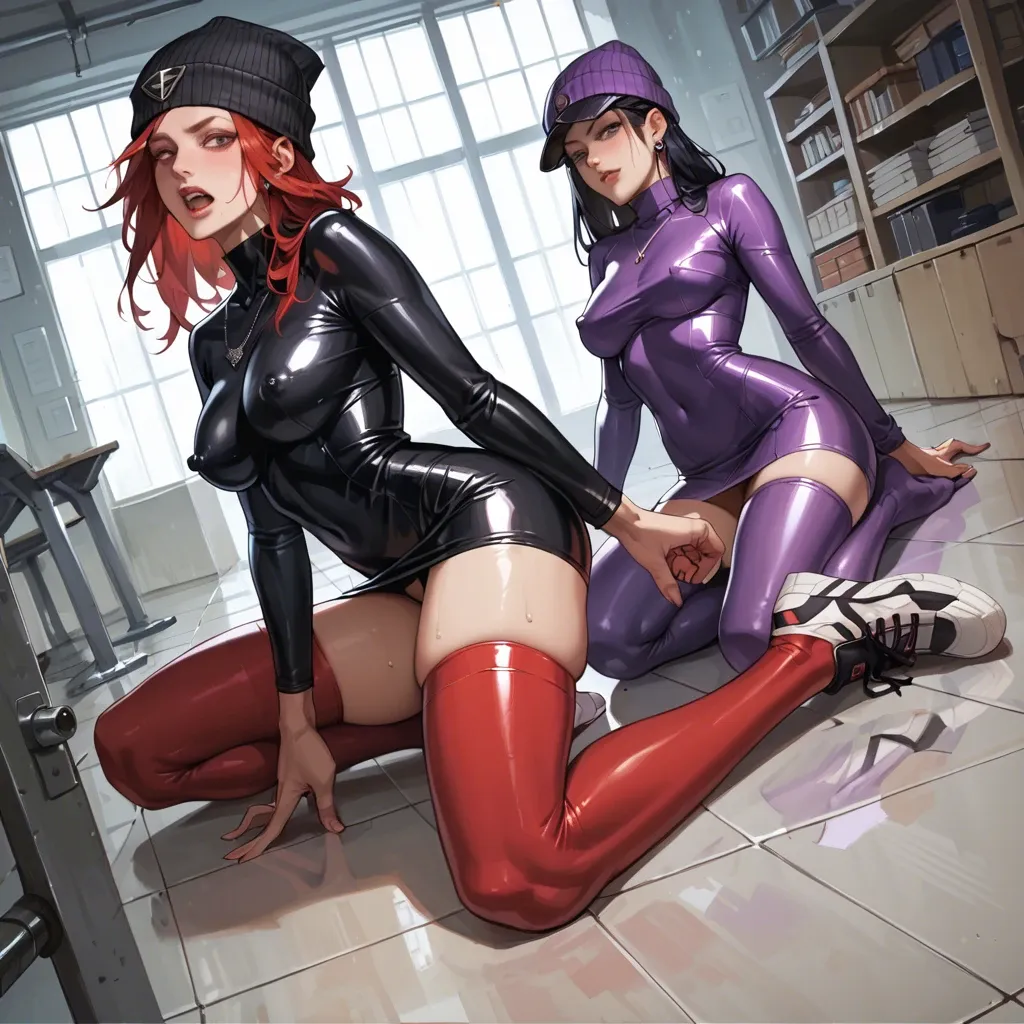 2girl, , , , black teeth,red thighhighs,one nipple out,background room,broad shoulders, half dressed,purple necklace,beanie,latex bodysuit,no shoes, slit skirt,thighhighs,military hat,black thong,sneakers, shibari, lying on beach, spaceship, link, jasmine