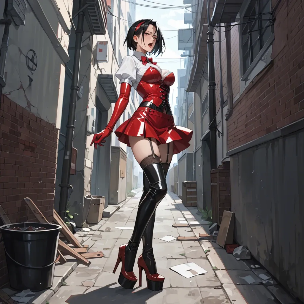 Anime, Akiza Izinski, white blouse, black leather corset, garter belt, black long latex socks, red latex micro skirt, red platform high heels, in an alley,