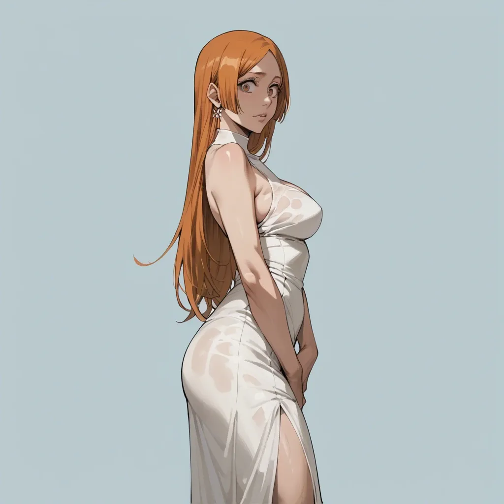 1girl, (Character orihime inoue from bleach: 1,2), (perfect face: 1,3), (beautiful big eyes: 1,1), in white dress, standing, front view, side view, line art