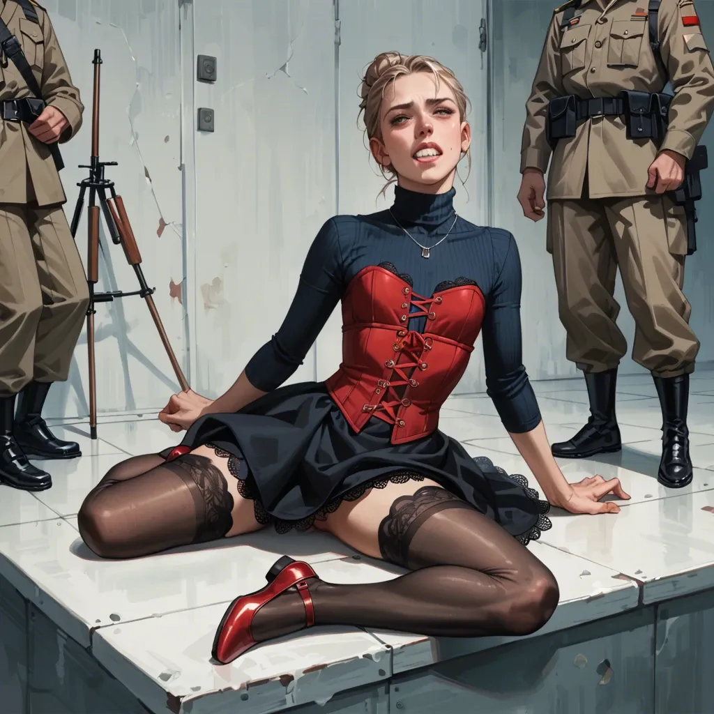 2girl, , , , cute nose,feet tied,big tits,high waisted,neck, gritting teeth,army,flat chest,background room,blue turtleneck, black dress,lace stockings,necklace,red corset,ballet shoes, pink dress,tights,suspender belt,bra,no shoes, club setting, at the beach, cyberpunk, tifa, anna frozen, waifu