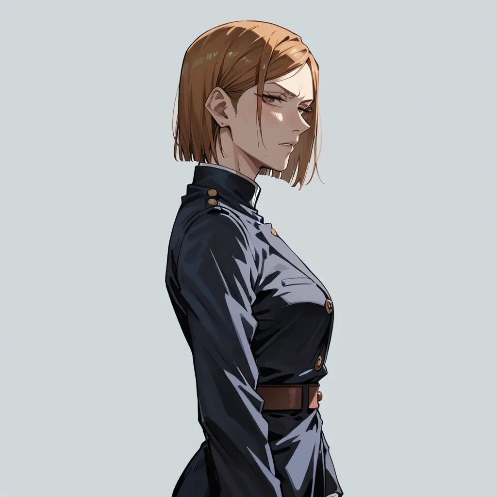 1girl, (Character nobara Kugisaki from jujutsu kaisen), (perfect face: 1,1),(beautiful eyes), in black uniform, standing, front view, side view