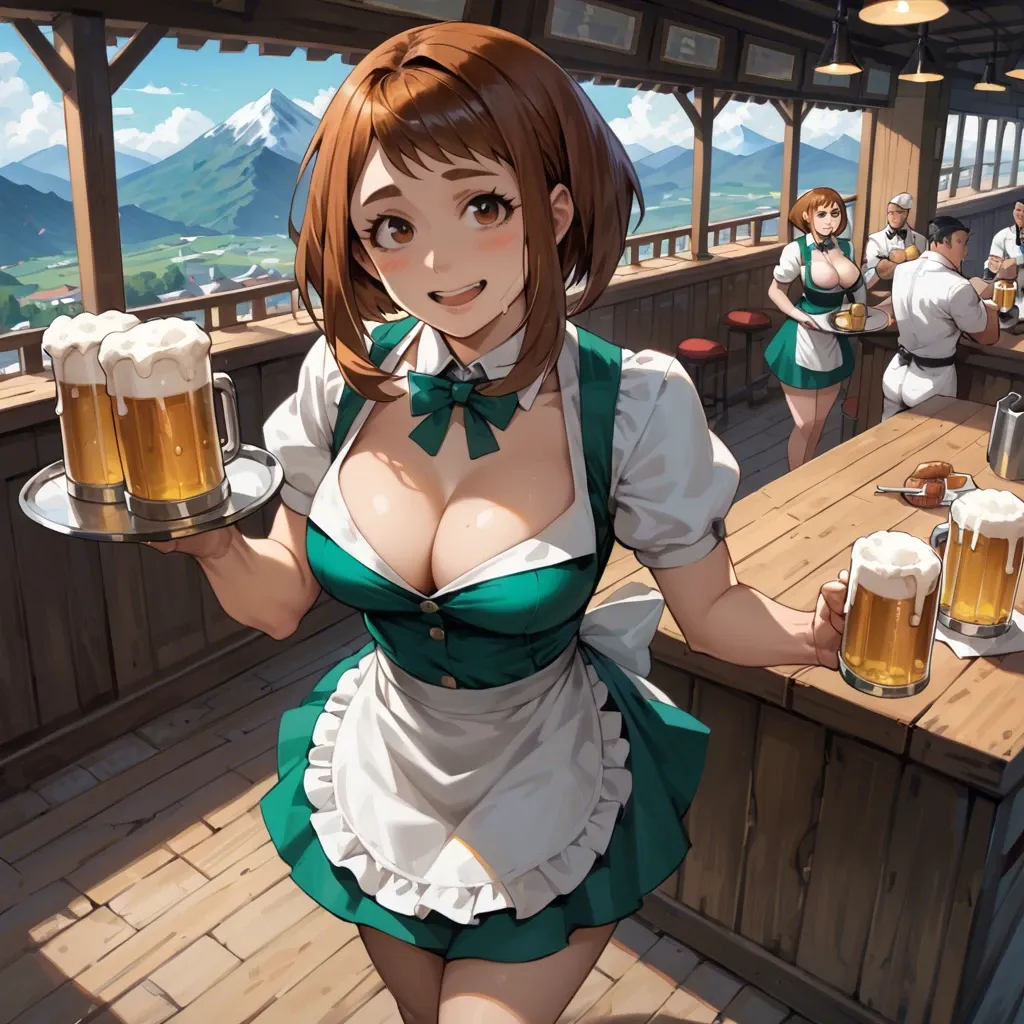 Ochako Uraraka, naughty smile, Austrian waitress costume, standing, carrying a tray with beer mugs, cleavage, mountain bar, aerial view