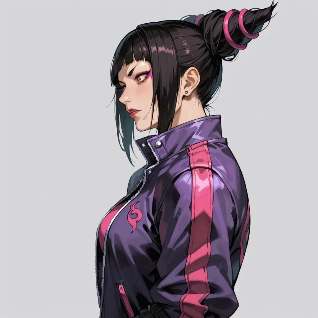 1girl, (Character juri han from street fighter), (perfect face: 1,1),(beautiful eyes), in jacket, standing, front view, side view