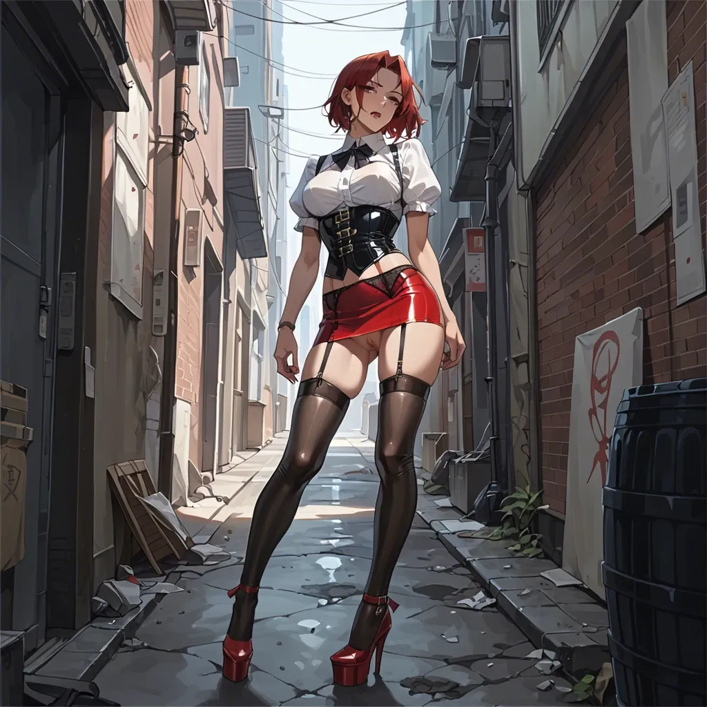 Anime, Akiza Izinski, white blouse, black leather corset, garter belt, black long latex socks, red latex micro skirt, red platform high heels, in an alley,