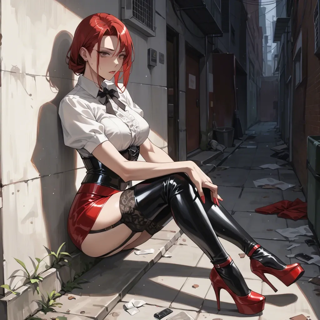 Anime, Akiza Izinski, white blouse, black leather corset, garter belt, black long latex socks, red latex micro skirt, red platform high heels, in an alley,