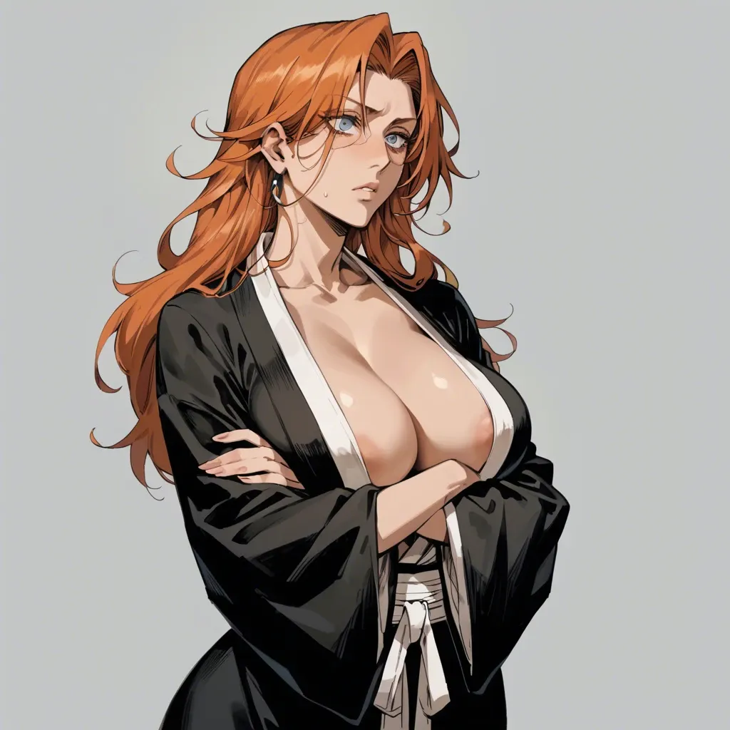 1girl, (Character Rangiku Matsumoto from bleach), (perfect face: 1,2),(beautiful big eyes: 1,1), redhead, big breast, in black kimono, standing, arms crossed, front view, side view