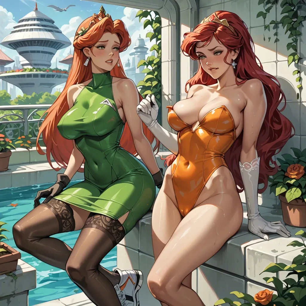 2girl, , , , lip bite,hands down,big breasts,bare navel,skin tight, dark green gown,lace stockings,racing gloves,orange leotard,white sneakers, bathroom stall, garden, spaceship, zelda, disney princess, ariel waifu