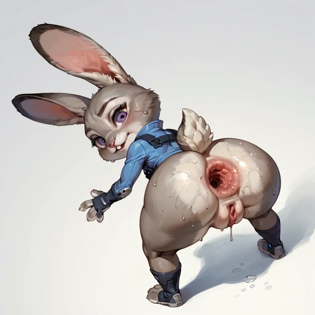 Anus focus, Deep hyper gape anus, Chibi, normal size head, detailed,  furry female,  rabbit, judy hopps, cute, from behind, brown anus,  hyper  pussy, looking back  at viewer, sweaty anus, musky anus, petite ass, upclose anus