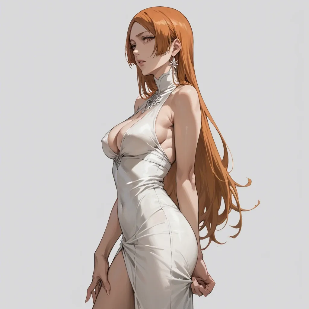 1girl, (Character orihime inoue from bleach: 1,1), (perfect face: 1,2), (beautiful eyes: 1,1), in white dress, standing, front view, side view, 2d