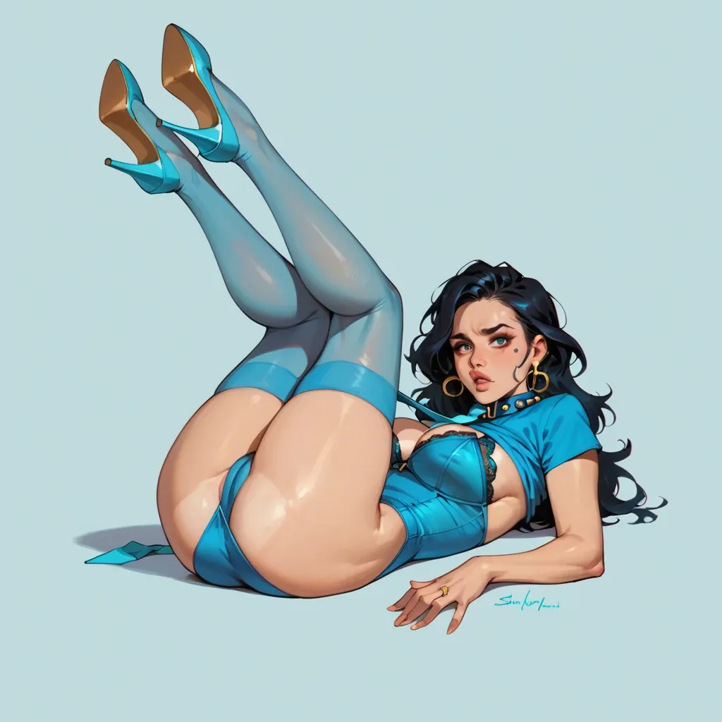 1girl,solo, rosy cheeks,legs up,round big tits,high waisted,aqua necktie, pull shirt,lace bra,gold earrings,blue bodysuit,heels, blue dress,sexy stockings,spiked collar,highleg leotard,boots, inside bedroom, piledriver pose, spaceship, spiked dildo, tifa lockhart