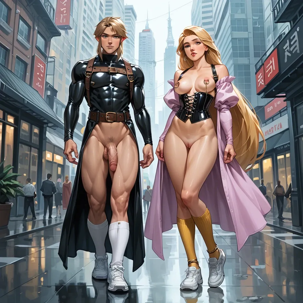 2girl, , , , large nose,muscle legs,nipple rings,waist,gold anklets, robe,knee socks,suspenders,latex corset,white sneakers, new york city, spaceship, link, rapunzel waifu