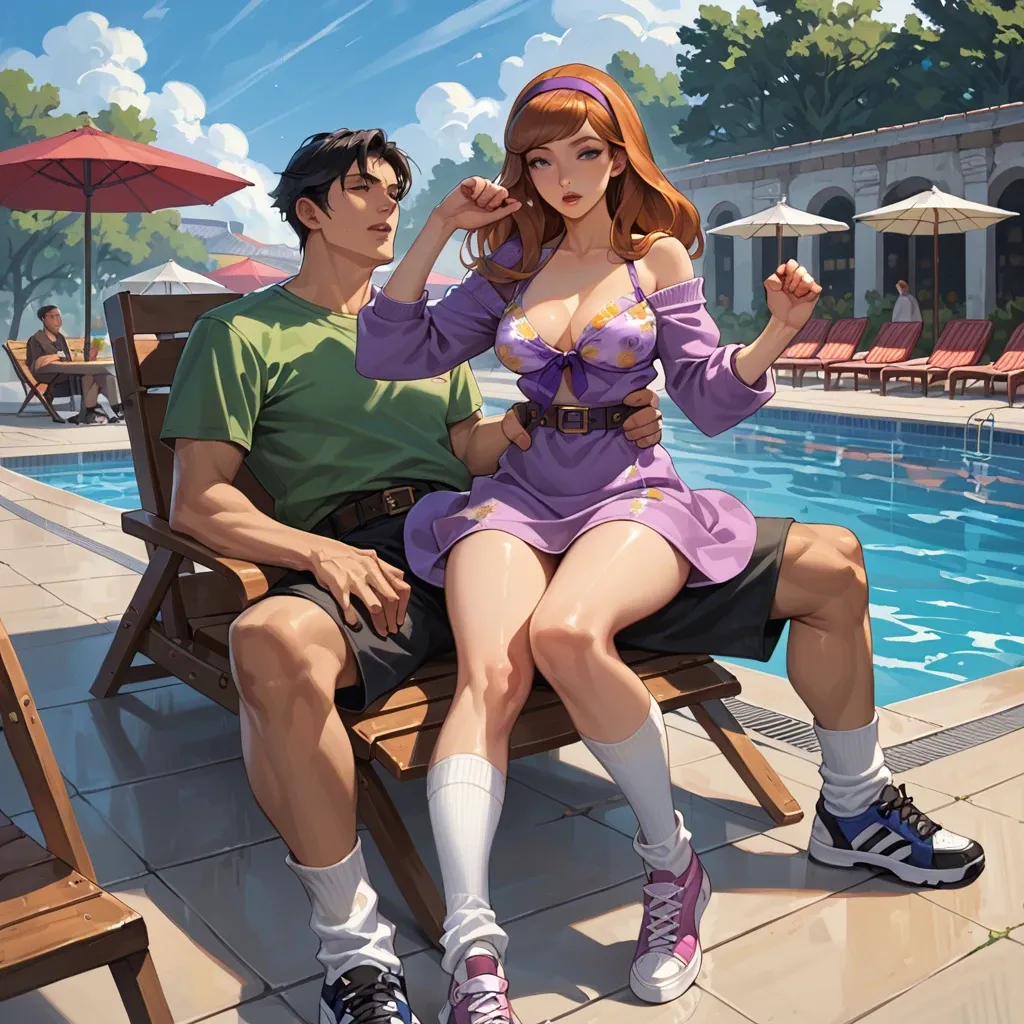 1girl,1boy, , , , eyes open,arm raised,nipple bulge,waist grab,off shoulder, sweater,baggy socks,tied hands,floral bikini,sneakers, restaurant, daphne blake, medieval dress, pool chairs, camera, anime, bright sunlight, 2b, sweetie belle, ariel waifu