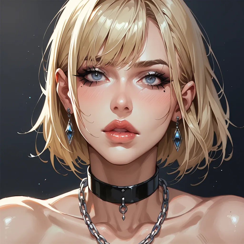 portrait of a young woman face.blonde hair styled in a bob with bangs.eyes are deep blue color and eyebrows are lighter shade of blue.black choker necklace with a silver chain neck.lips painted a soft pink color and subtle smokey eye makeup look with dark eyeliner and mascara. The background is white and there is text on the top and bottom of the image that reads "Lavender" in a cursive font.