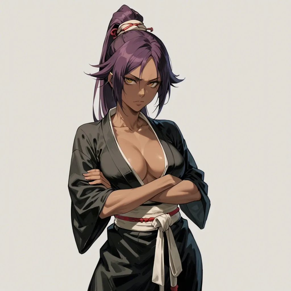 1girl, (Character yoruichi from bleach), (perfect face: 1,3),(beautiful big eyes: 1,1), dark skin, in kimono, standing, arms crossed, front view