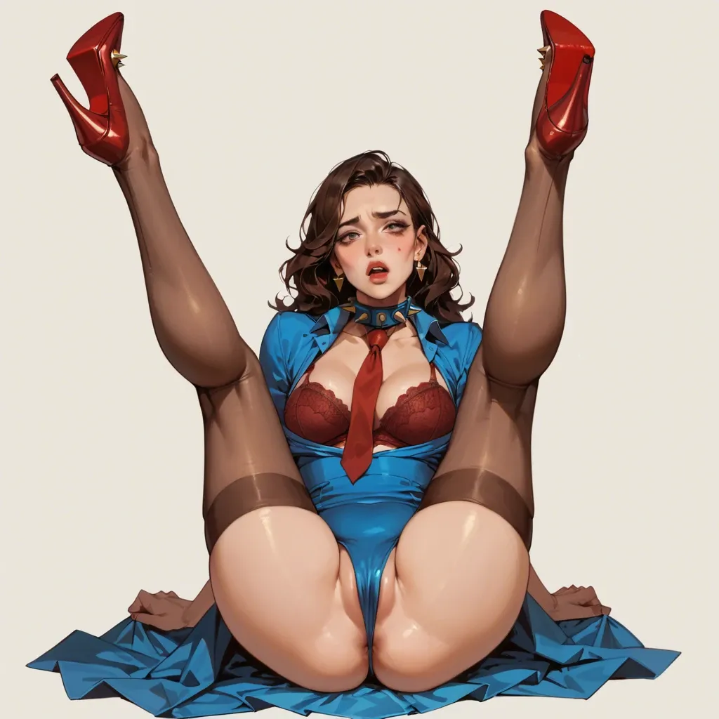 1girl,solo, rosy cheeks,legs up,round big tits,high waisted,burgundy necktie, pull shirt,lace bra,gold earrings,burgundy bodysuit,heels, blue dress,sexy stockings,spiked collar,highleg leotard,boots, inside bedroom, piledriver pose, spaceship, spiked dildo, tifa lockhart