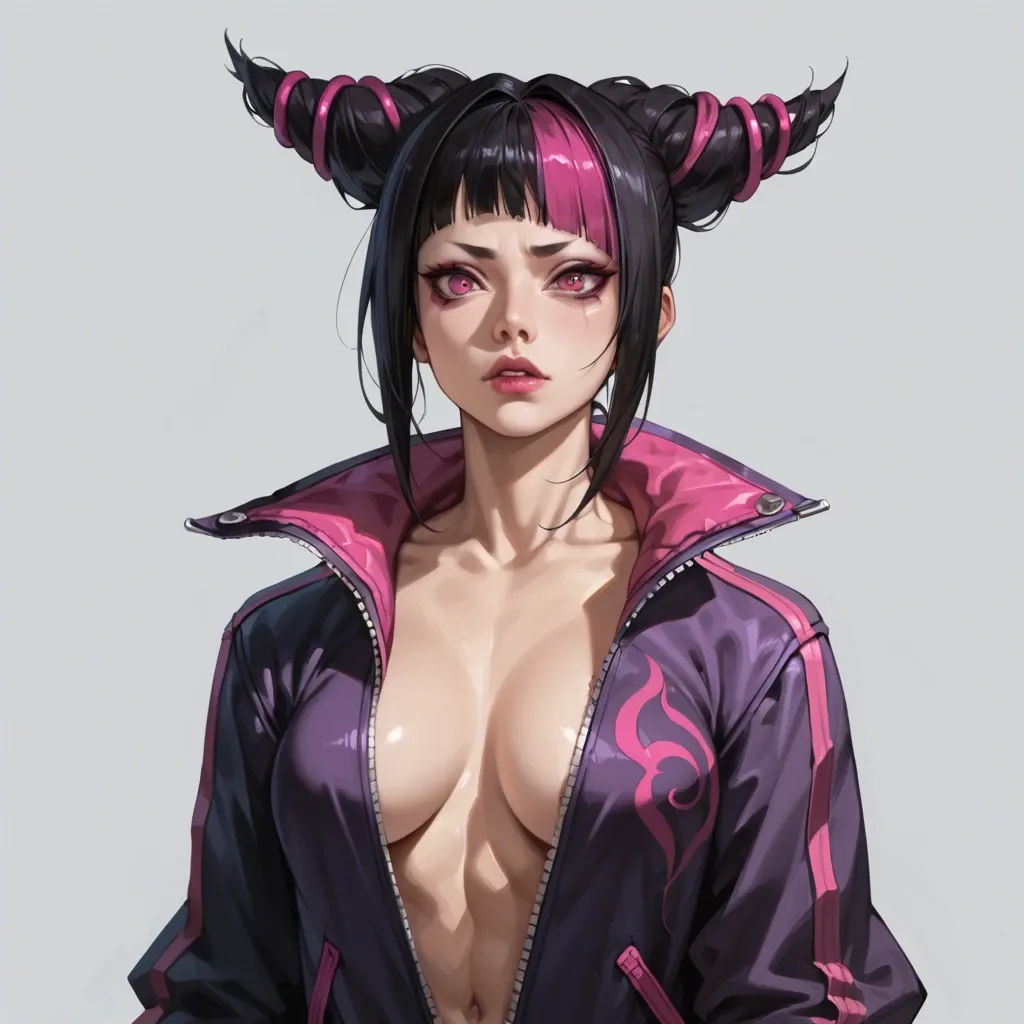 1girl, (Character juri han from street fighter), (perfect face: 1,1),(beautiful big eyes), in jacket, standing, front view, side view