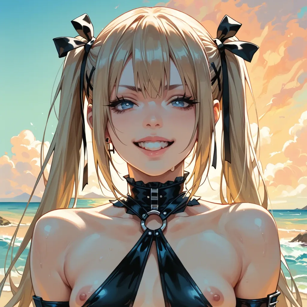 Marie Rose , naughty smile, ultra detailed face, zoom to her face, mediterranean coast background, sunset