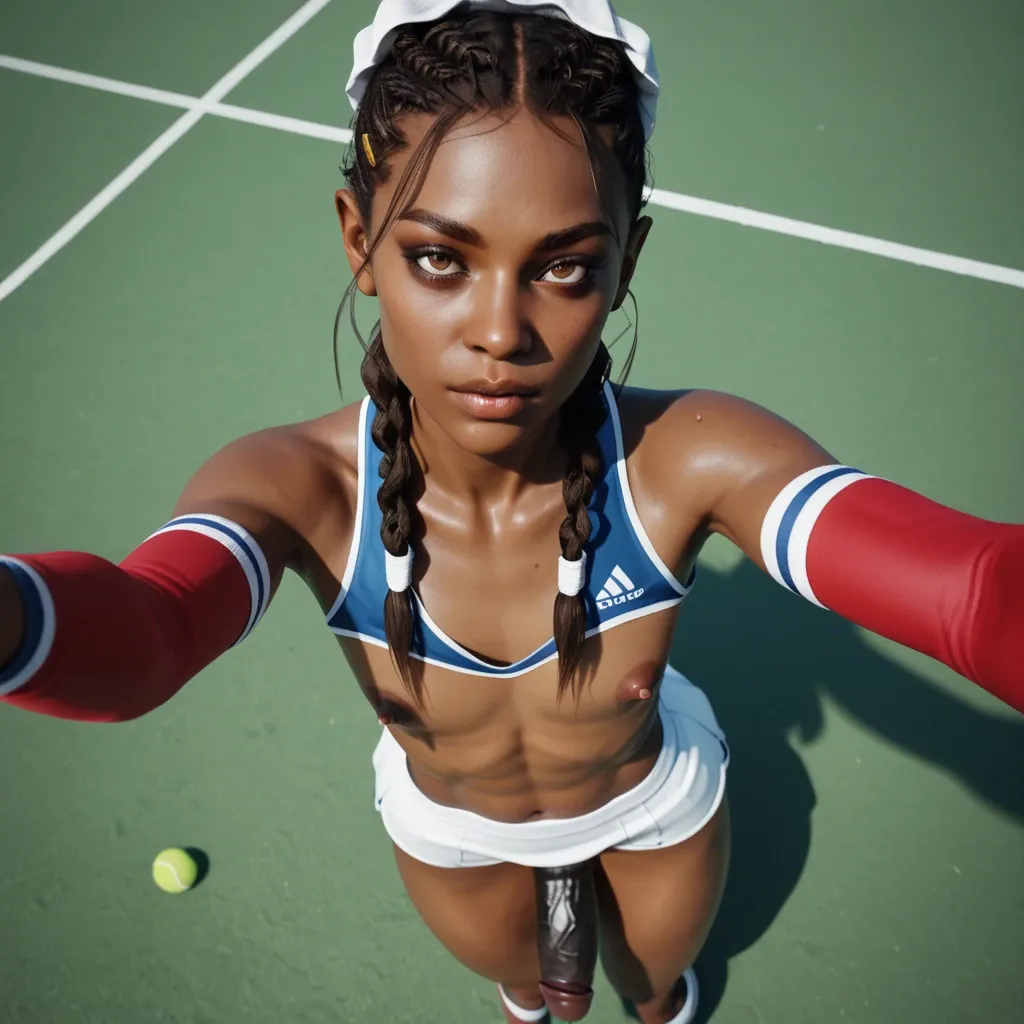 1femboy, 3d, African ethnicity,bun braids ,high-angle view, selfie,black penis,arm sleeves,slim body,flat chest,big nipples, tennis uniform,