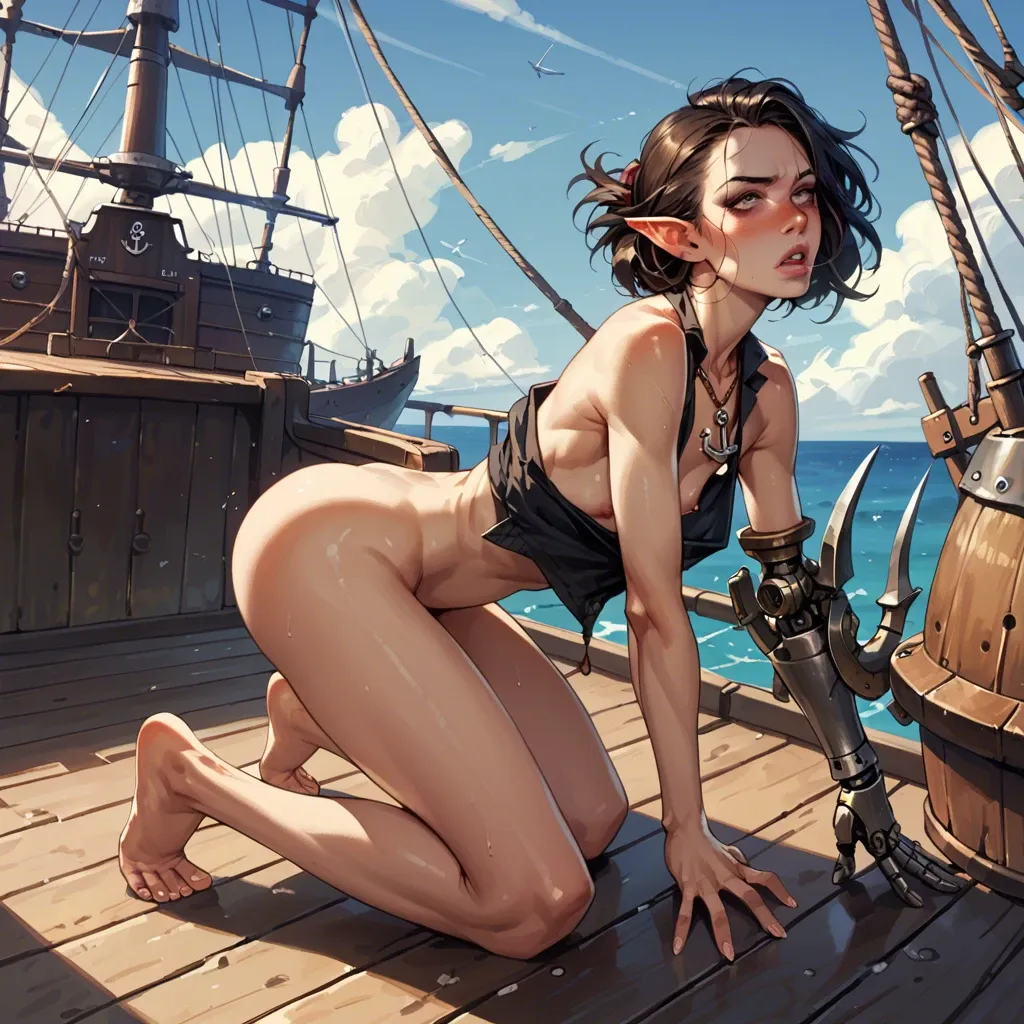 1girl,solo, , , , nose blush,mechanical arm,nipple sucking,look back,on the knees, sexy mole,feet tied,flat chest,pirate ship,anchor necklace, thick full lips,fingernails,large boob slip,pointy breasts,skin indentation, underskirt,fishnet thighs,beanie,white bikini,strappy sandals, micro skirt,lace,glasses,sexy lingerie,thigh boots, pull shirt,black fishnet,garter belt,white lingerie,sneakers, bedroom, alley, cyberpunk, super detailed, dark eyeshadow, rapunzel, dynamic pose, cumshot on anal