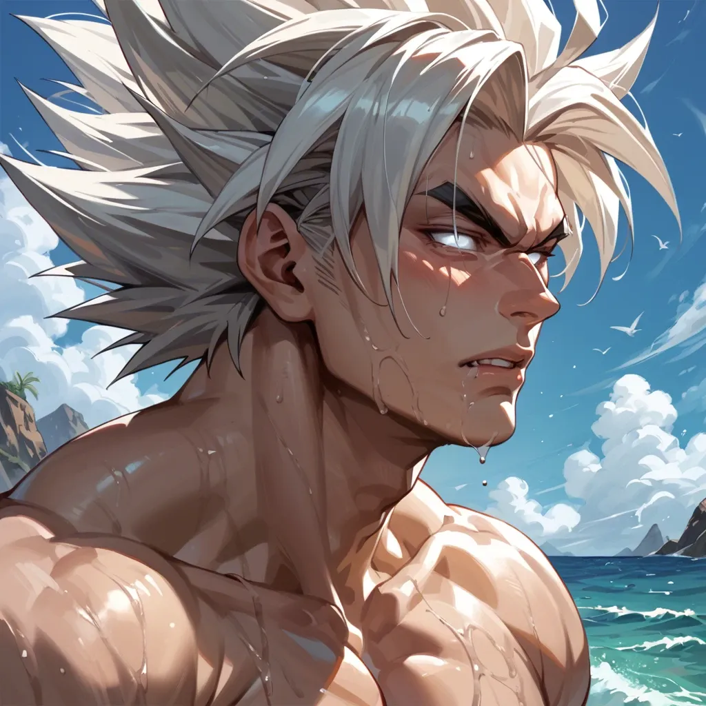 male goku with white hair and white eyes crawling out of the sea