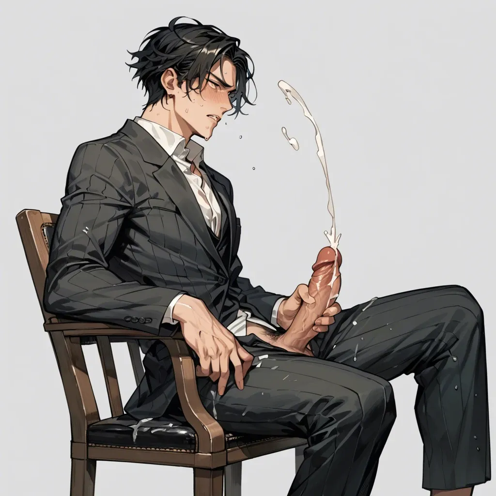 Anime man with black wet hair, stroking his cock on chair, cumming