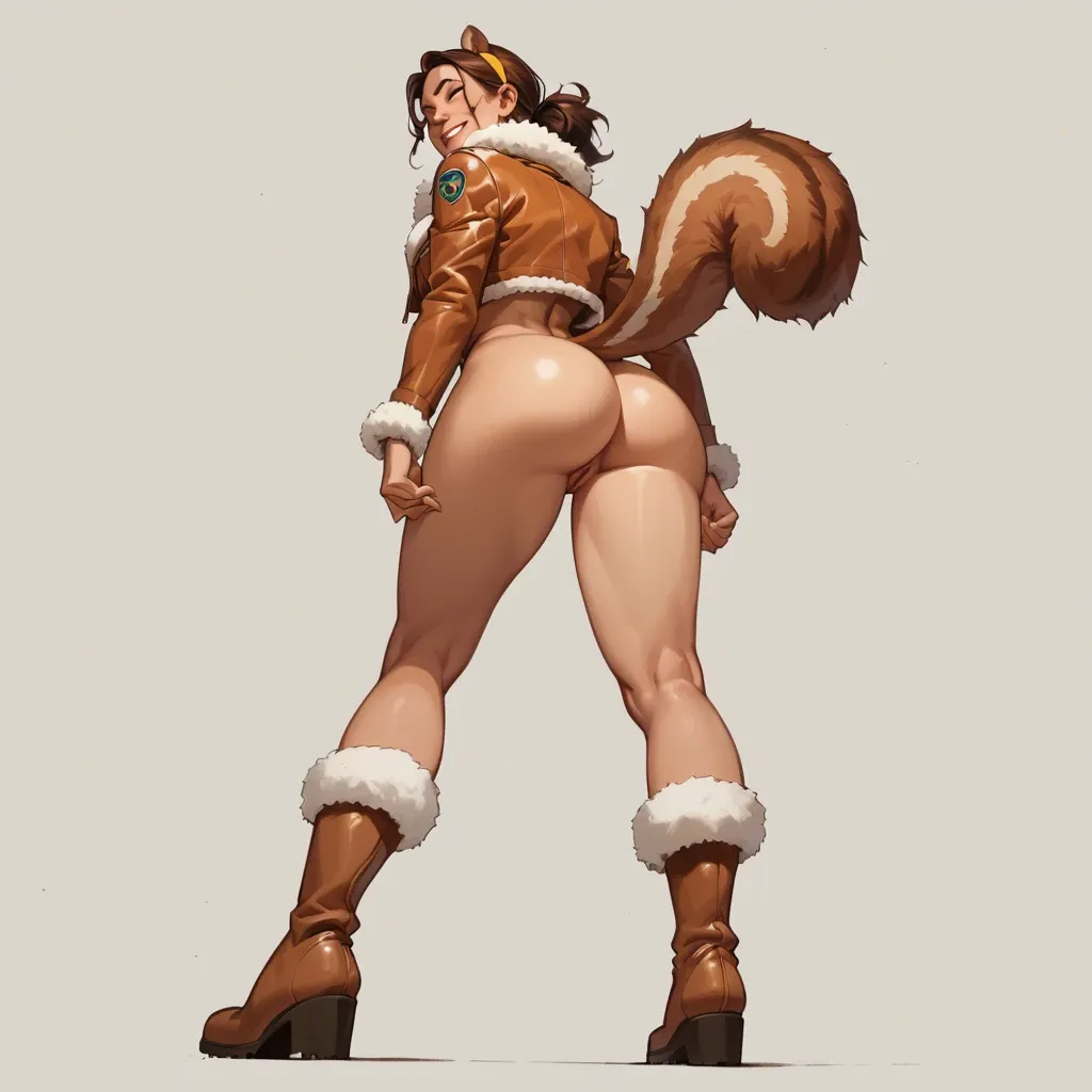 the unbeatable squirrel girl Doreen Green marvel comics, fur lined brown leather jacket, orange crop top, squirrel tail, naked below waist, bottomless, fur lined brown boots, squirrel ear hair band, smiling, looking over shoulder, looking at ass, winking, smiling, ginger hair, pixie cut curly hair, rounded breasts, rounded ass, large ass, thick ass, thick thighs, squatting, holding ass