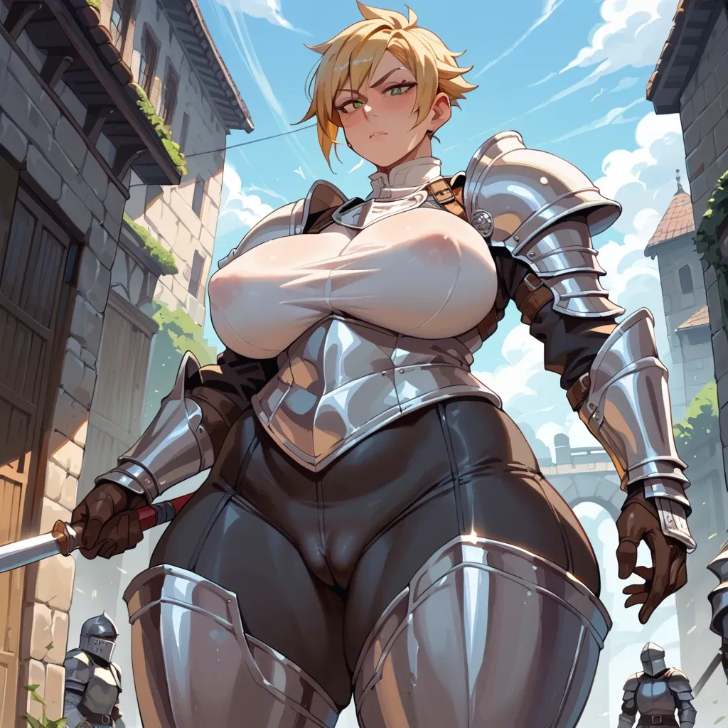 beolkkulcheese, knight tomboy, clothed female, torso armor, black pants, blonde hair, huge breasts, huge ass, wide hips, big thighs, cameltoe