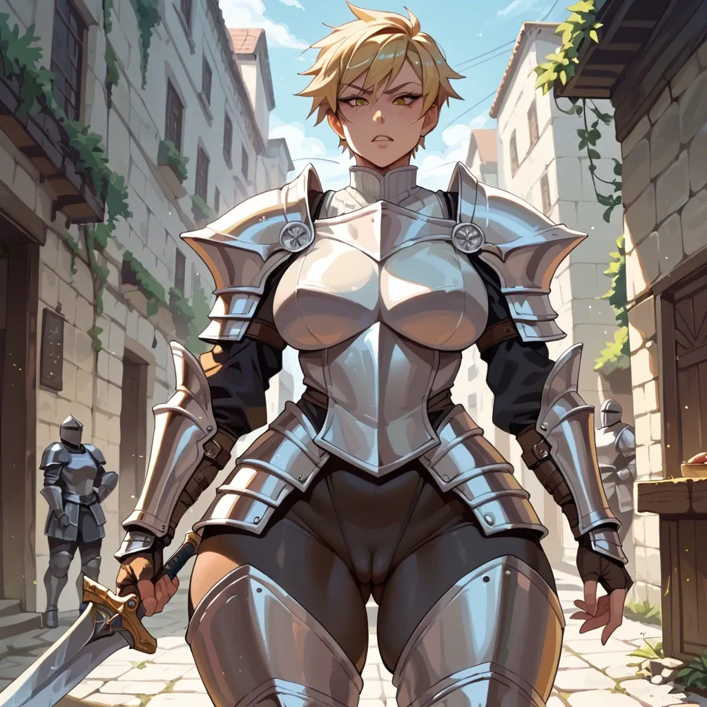 beolkkulcheese, knight tomboy, clothed female, torso armor, breastplate, thigh guard, black pants, blonde hair, huge ass, wide hips, big thighs, cameltoe