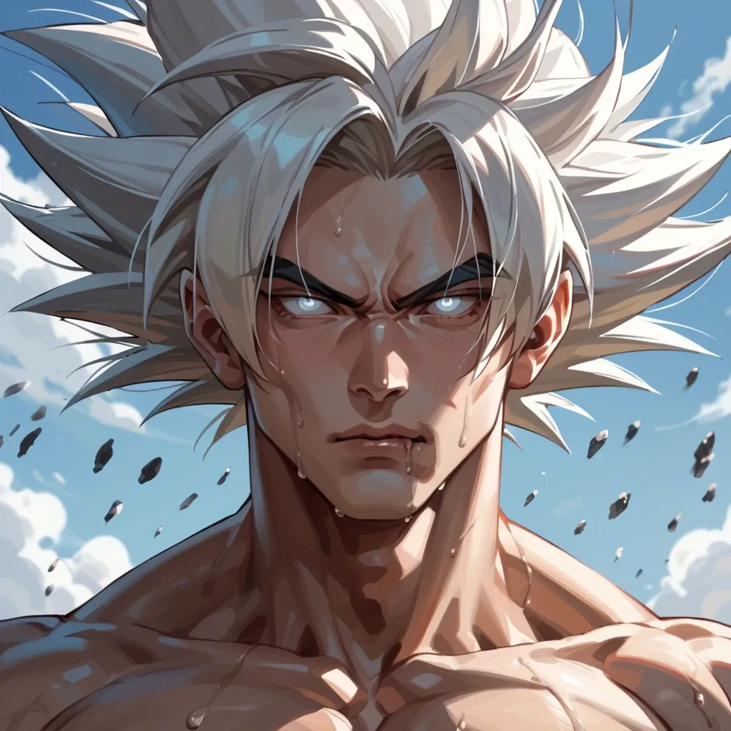 male goku with white hair and white eyes crawling out of the sea