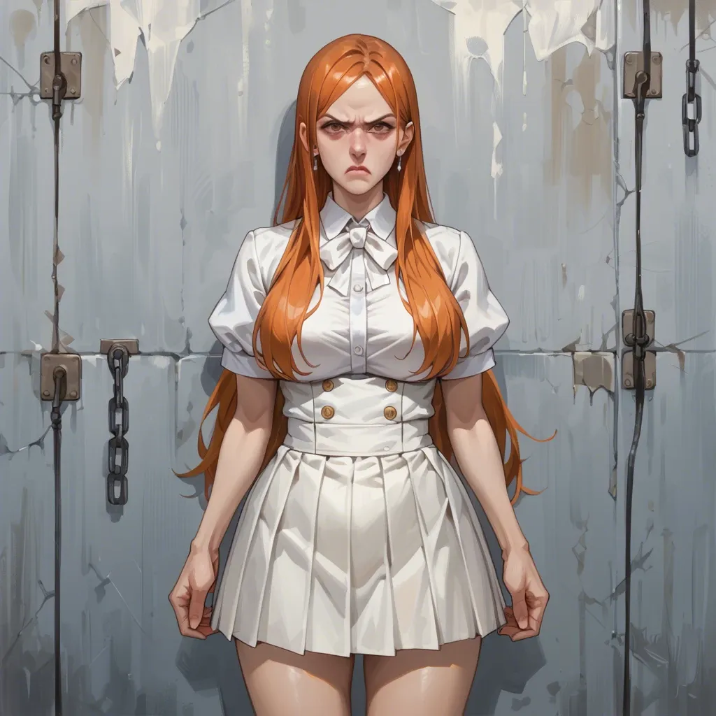 Orihime inoue, Standing, lightly bend over, Angry, looking at viewer Angry, white Hemd, white skirt, huge boobs, boobs lightly seeable