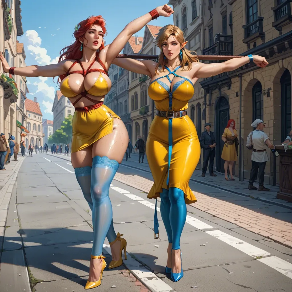 2girl, , , , stretching,heels,huge breasts,slim waist,oily wet skin, yellow dress,blue stockings,belts,lace thong,running shoes, shibari, city background, medieval theme, grabbed hair, dildo, link, ariel waifu