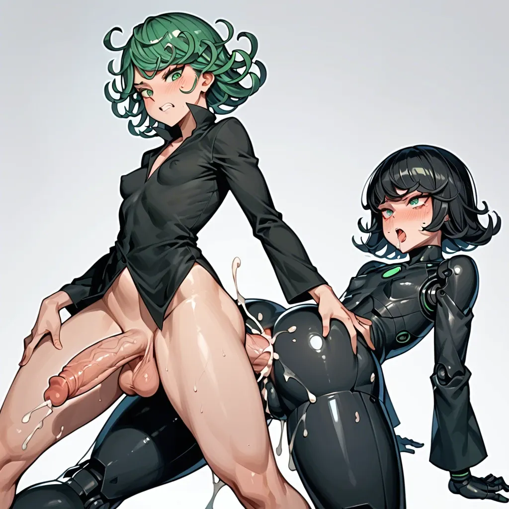 Tatsumaki, robot girl, robot humanoid,black body,  Futa robot, Girl robot,balls dick female futa on female futanari huge cock light skin light-skinned futanari anal, anal sex, cum in ass, cumming in anal