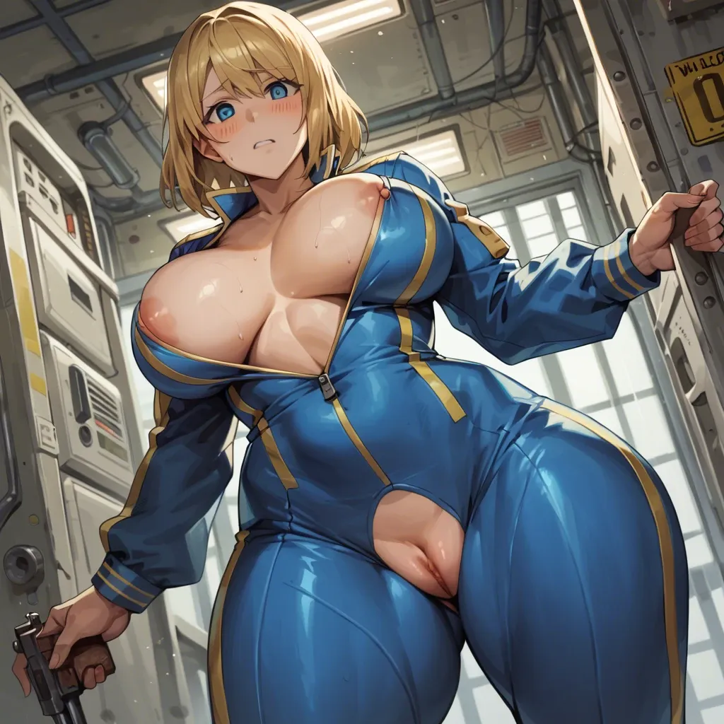 minami aomori, vault girl, mob face, vault suit, open jumpsuit, areola slip, pussy slip, blonde hair, hourglass figure, massive breasts, huge hips, huge thighs