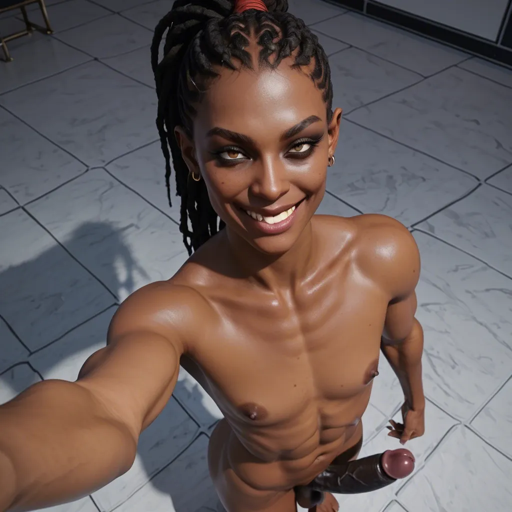 1femboy, 3d, African ethnicity,high-angle view,selfie,black penis,slim body,flat chest, muscular,big ass,evil smile,hand on own penis, jerking-off