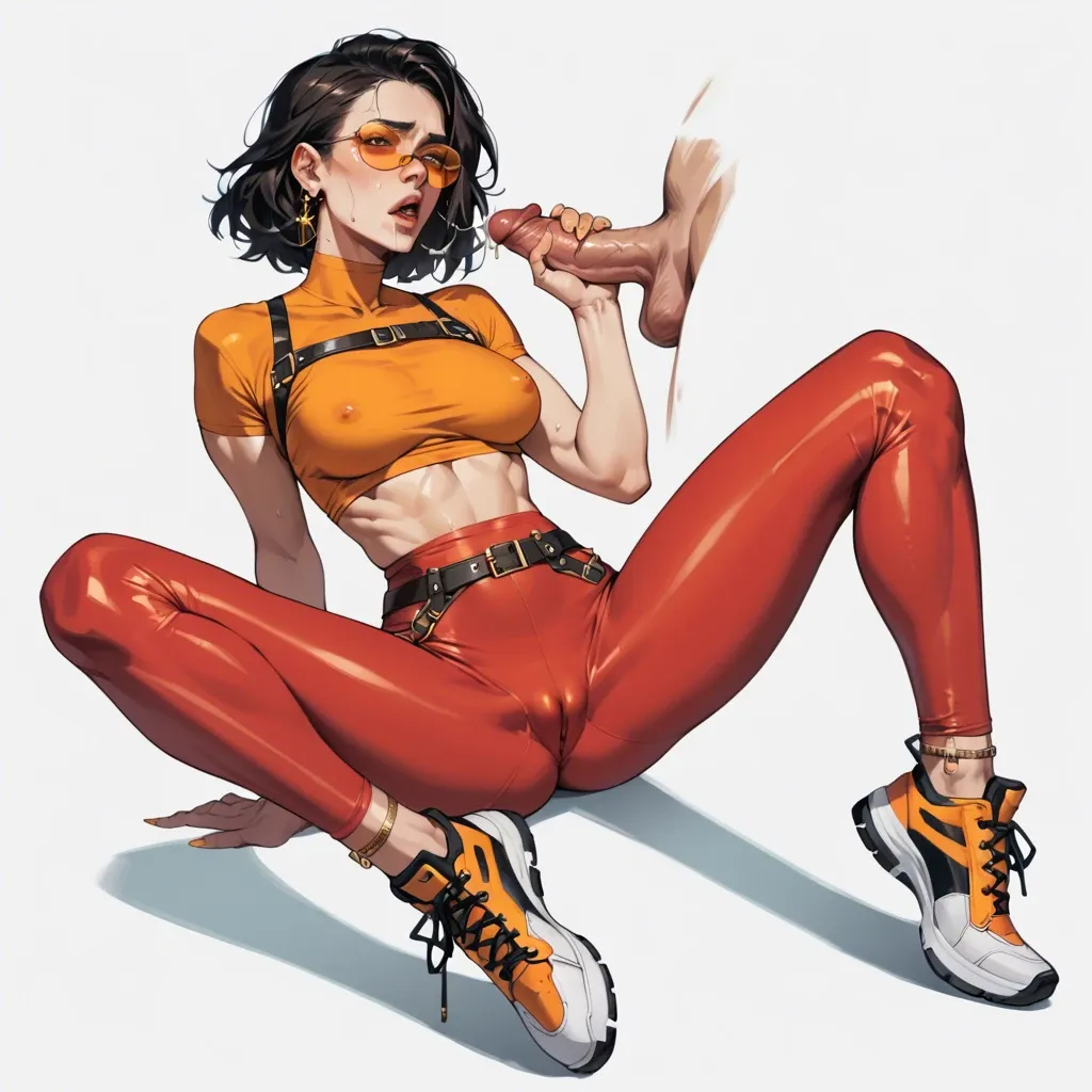 1girl,solo, , , , large nose,giving handjob,medium tits,microwaist,bound ankles, red tight pants,leggings,suspender belt,orange leotard,sneakers, shirt lift,gold anklets,opaque glasses,low rise thong,knee boots, spaceship, photorealistic, low light, zelda, ariel waifu