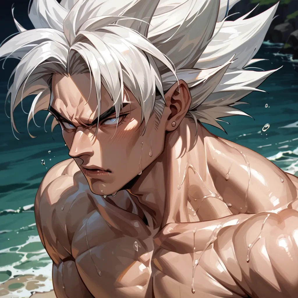 male goku with white hair and white eyes crawling out of the sea