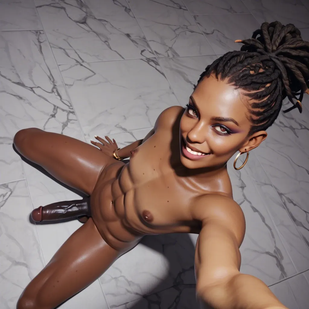 1femboy, 3d, African ethnicity,high-angle view,selfie,black penis,slim body,flat chest, muscular,big ass,evil smile, jerking own penis,