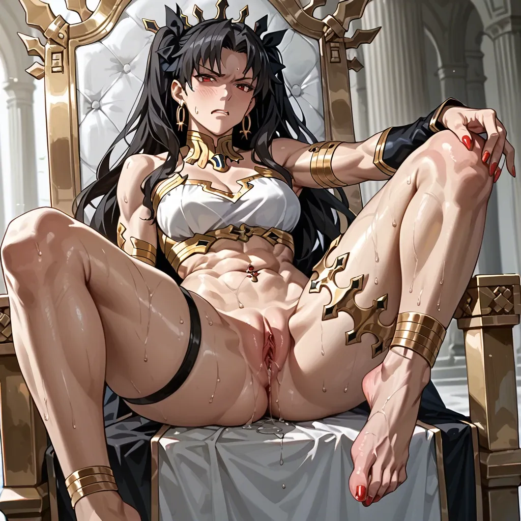 Ishtar fate disgusted, anime, polished nails, muscular thighs, thigh band, navel piercing, pussy juice, foot fetish, feet focus, sweat sweaty, one leg raised, throne