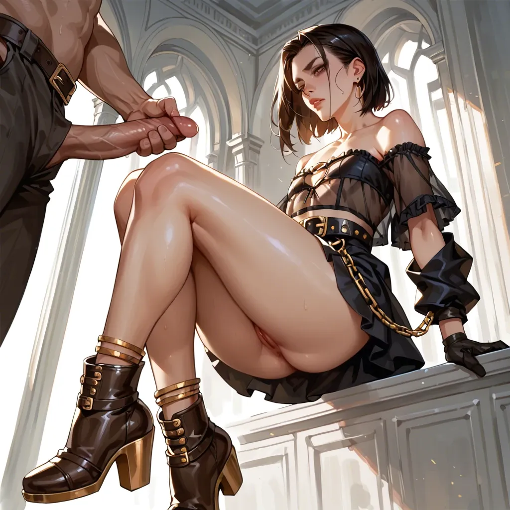 1girl,1boy, , , , eye contact,thicc thighs,flat chest,grabbing,off-shoulder, no skirt,gold anklets,gloves,sexy lingerie,brown boots, upskirt,anklets,belts,one-piece,thigh boots, white pants,white socks,jewelry,wet bikini,brown boots, hospital room, royal gardens, detailed irises, dark blue hair, samus, spider-gwen