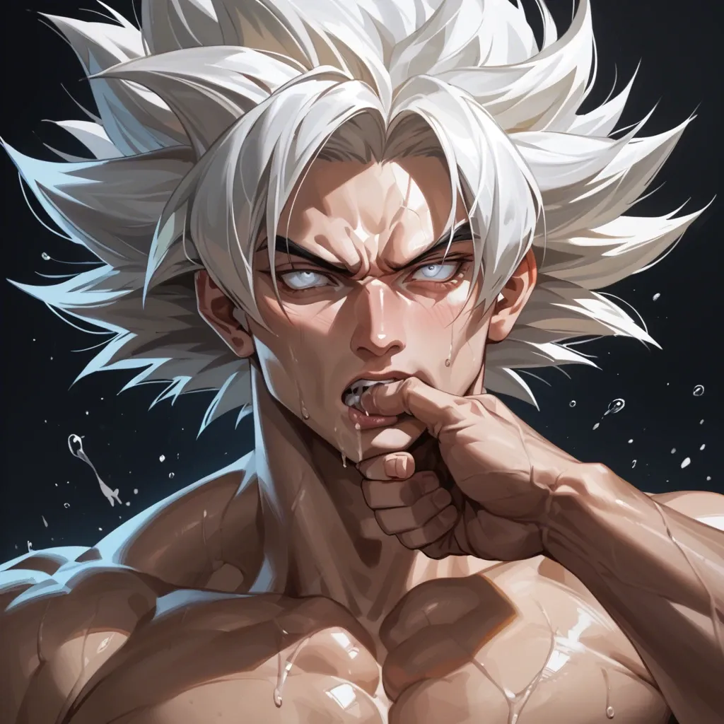 male goku with white hair and white eyes crawling out of the sea