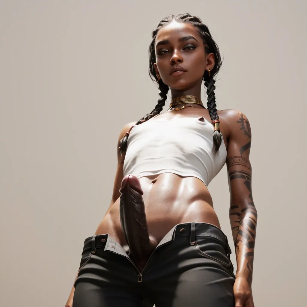 1femboy, 3d, African ethnicity, fox braids, low-angle view,penis close-up, monster black penis,arms tattoos,slim body,flat chest, skinny legs,big nipples,wide pants, white top, neck jewelry, arm sleeves,