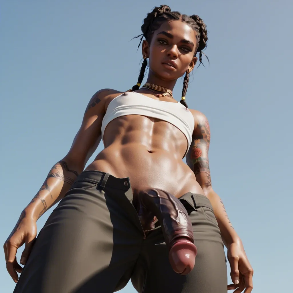 1femboy, 3d, African ethnicity, braided bun, low-angle view,penis close-up, monster black penis,arms tattoos,slim body,flat chest, skinny legs,big nipples,wide pants, white top, neck jewelry,