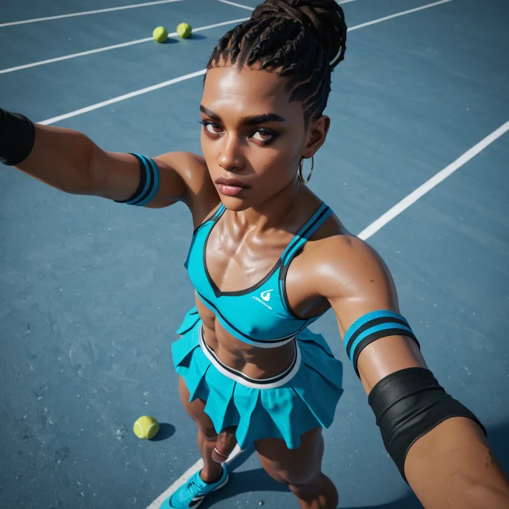 1femboy, 3d, African ethnicity, high-angle view, cornrows,selfie, veiny black penis, arm sleeves,slim body,flat chest, muscular,tennis upskirt,big ass, veiny body,