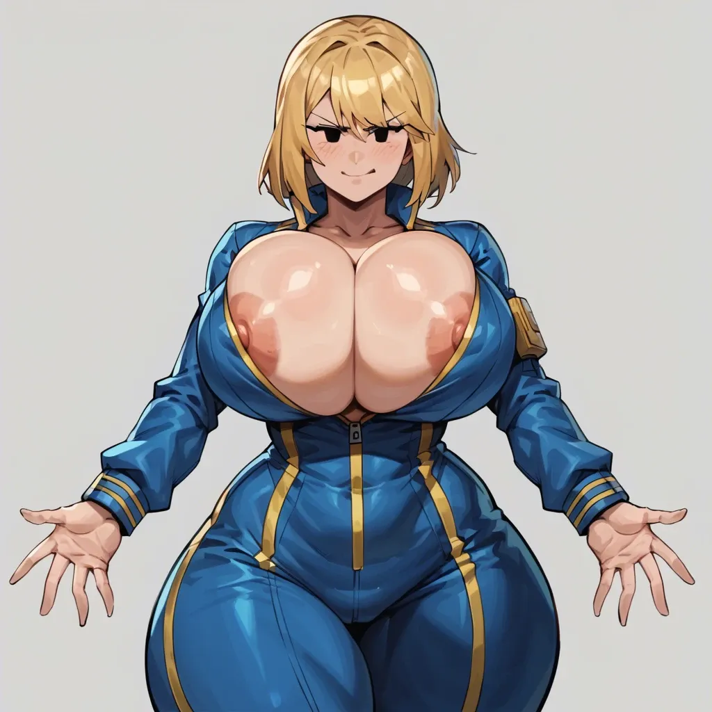 zzvinniezz, vault girl, mob face, smug, vault suit, open jumpsuit, areola slip, blonde hair, hourglass figure, bursting breasts, massive breasts, huge hips, huge thighs